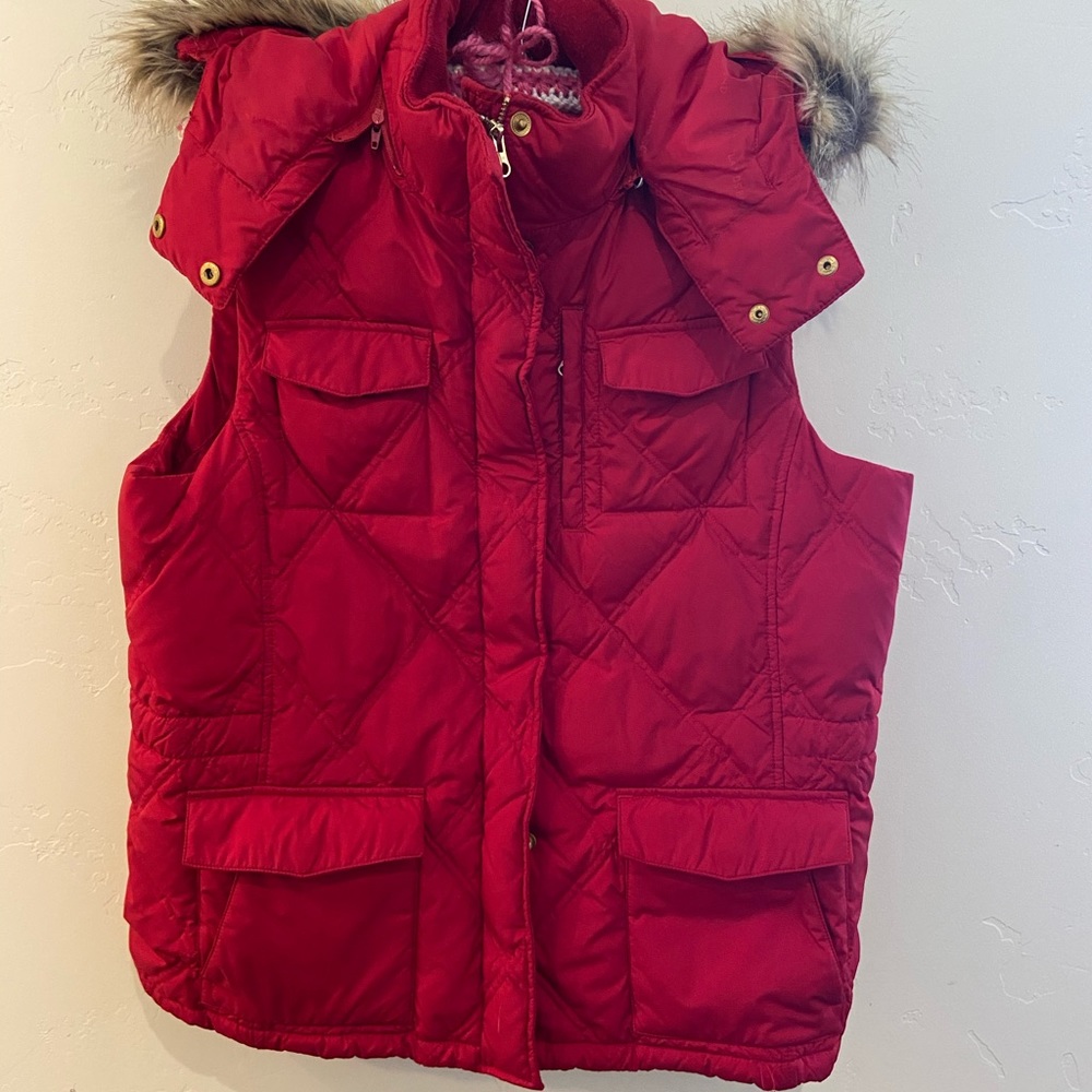 Lands End Goose Down Quilted Puffy Red Furry Hooded Vest, Women’s Large